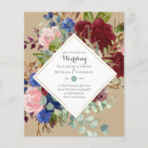 BUDGET Burgundy Navy Floral Wedding Invitations Flyer