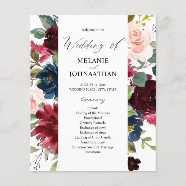 Budget Burgundy Navy Pink Floral Wedding Ceremony Flyer (Front)