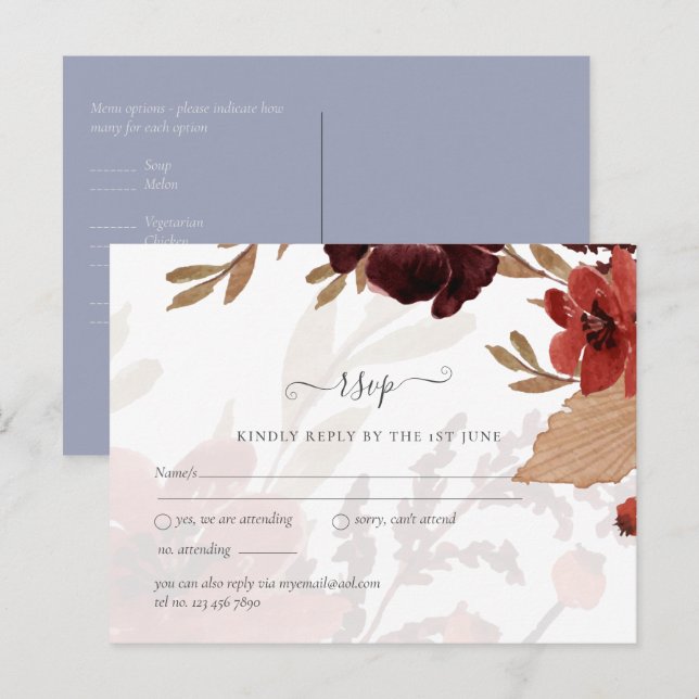 Budget Burgundy Orange Fall Floral Wedding Postcard (Front/Back)