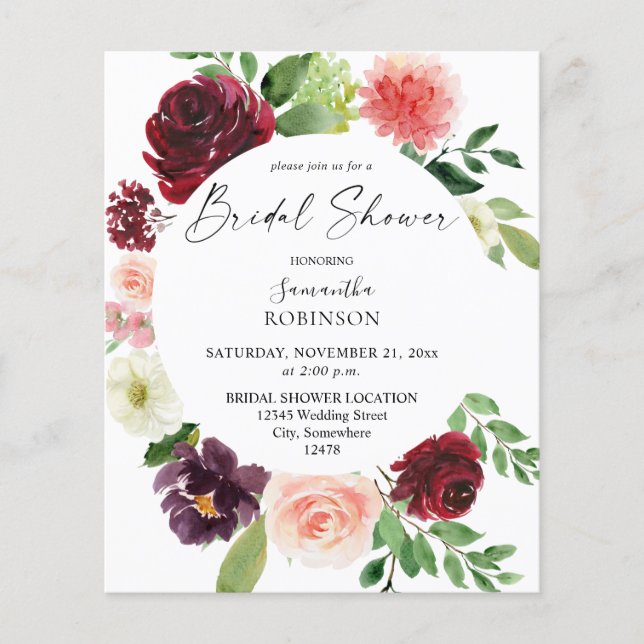 Budget Burgundy & Pink 4 Floral Bridal Shower Flyer (Front)