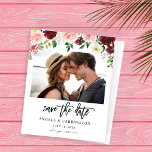 Budget Burgundy Pink 4 Floral Photo Save the Date<br><div class="desc">** SATIN PAPER IS PAPER THIN. UPGRADE THE PAPER FOR A THICKER PAPER. HAS AN OPTION FOR ENVELOPES. *** Save money on formal invitations with this smaller invitation that has an option for envelopes. Get your guests ready for the amazing wedding with your Burgundy & Blush Pink 4 Floral Photo...</div>
