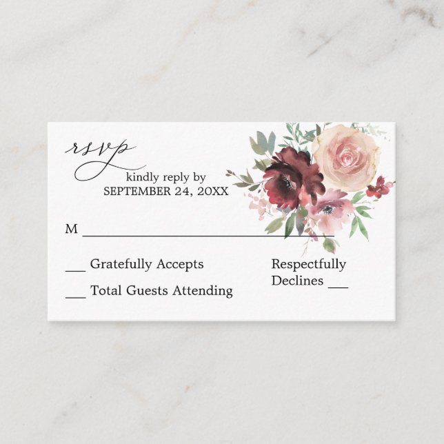 Budget Burgundy & Pink 5 Floral 2SM No Meal RSVP Enclosure Card (Front)