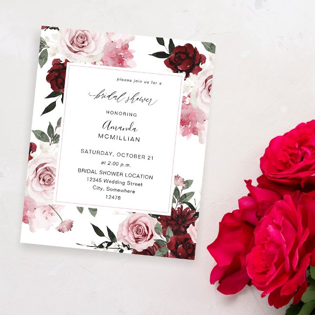 Budget Burgundy & Pink 6 Floral Bridal Shower Flyer (Creator Uploaded)