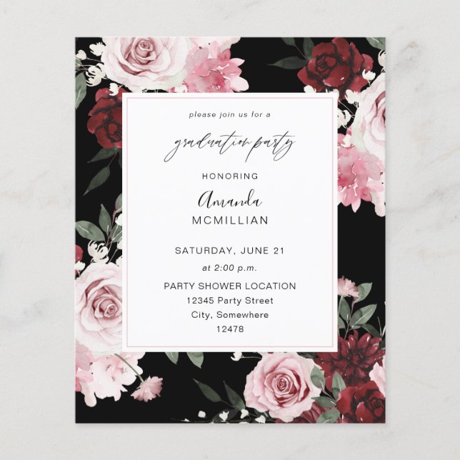 Budget Burgundy & Pink 6 Floral Graduation Party B Flyer (Front)