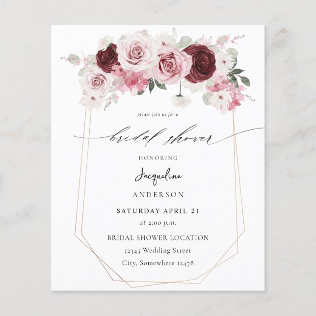 Budget Burgundy & Pink Ele Floral Bridal Shower 2 Flyer (Front)