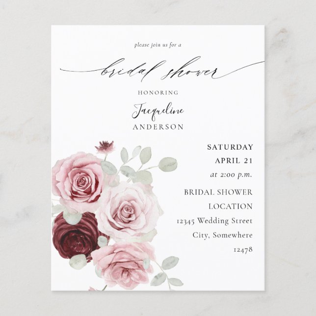Budget Burgundy & Pink Ele Floral Bridal Shower Flyer (Front)