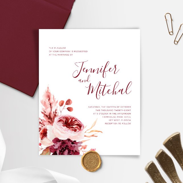 BUDGET Burgundy & Pink Fall Wedding Invitation (Creator Uploaded)