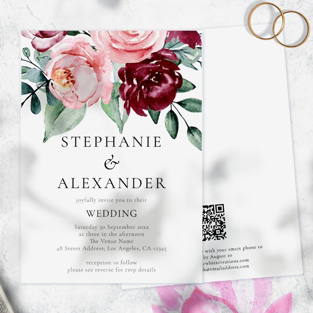 Budget Burgundy Pink Floral QR Code Wedding invite (Creator Uploaded)