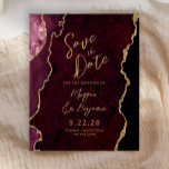 Budget Burgundy Red Agate Script Save the Date<br><div class="desc">This elegant wedding save the date card features a background image of burgundy red watercolor agate trimmed with faux gold glitter. The customisable text combines gold-coloured modern handwriting,  copperplate and italic fonts. The reverse side features a coordinating burgundy and gold agate design.</div>