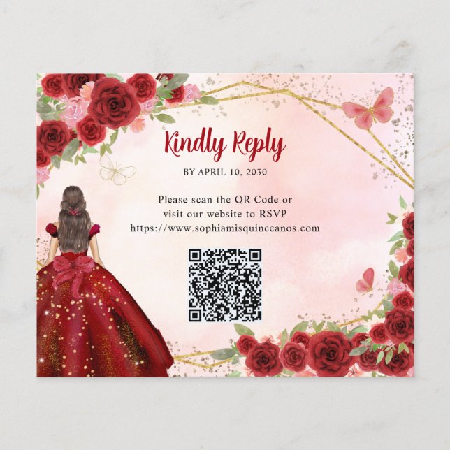 Budget Burgundy Red Gold Floral Princess QR RSVP (Front)