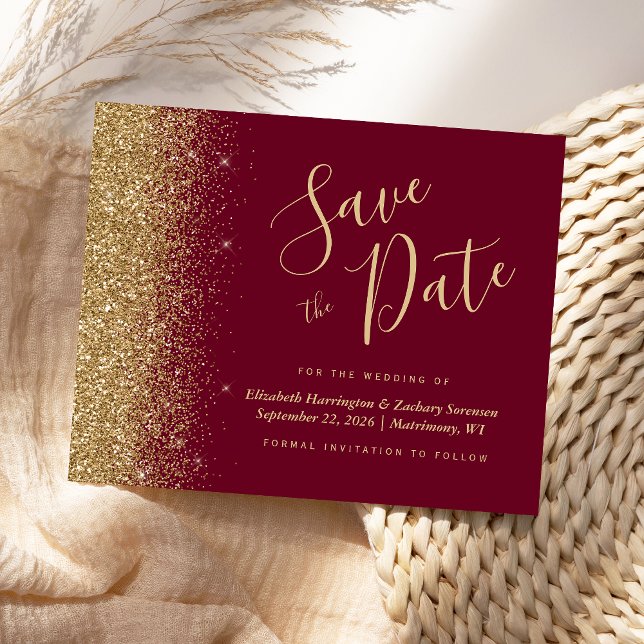Budget Burgundy Red Gold Glitter Save the Date (Creator Uploaded)