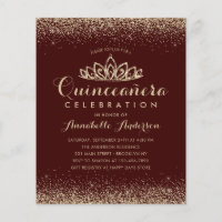 Budget Burgundy Red Gold Quinceañera Tiara Invite