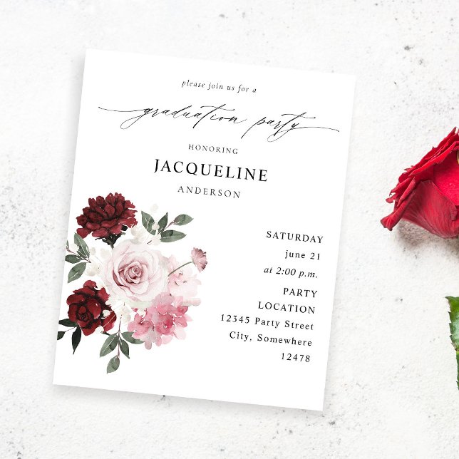 Budget Burgundy Red & Pink Floral Graduation Party Flyer (Creator Uploaded)