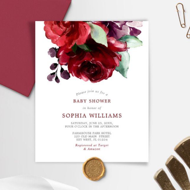 Budget Burgundy Red Rose Baby Shower Invitation (Creator Uploaded)