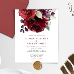 Budget Burgundy Red Rose Flower Wedding Invitation