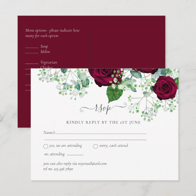 BUDGET Burgundy Red Roses Gypsophila WEDDING Postcard (Front/Back)