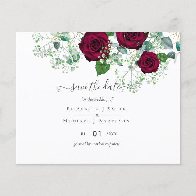 BUDGET  Burgundy Rose Eucalyptus Wedding Flyer (Front)