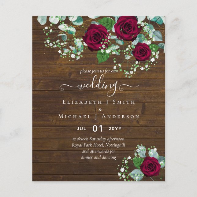 BUDGET  Burgundy Rose Eucalyptus Wedding Flyer (Front)
