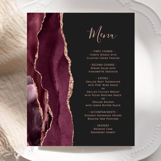 Budget Burgundy Rose Gold Agate Dark Wedding Menu (Creator Uploaded)