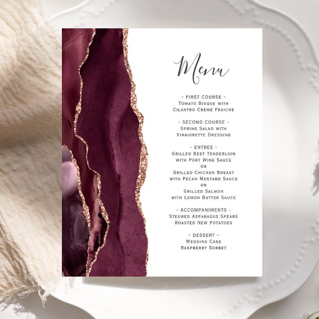 Budget Burgundy Rose Gold Agate Wedding Menu (Creator Uploaded)