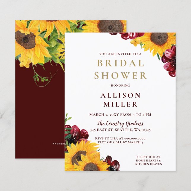 Budget Burgundy Rustic Bridal Shower Invitation (Front/Back)