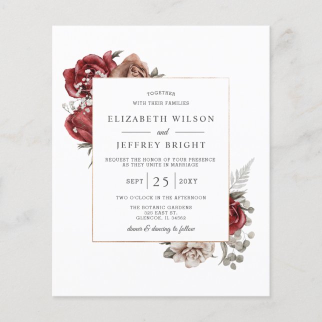 Budget Burgundy Rustic Floral Wedding Invitation (Front)