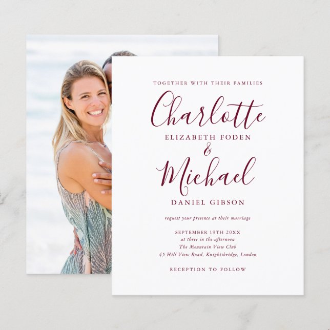 Budget Burgundy Script Photo Wedding Invitation (Front/Back)