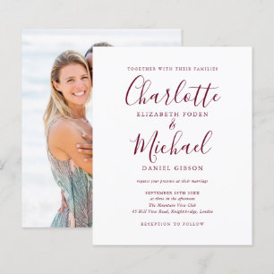 Budget Burgundy Script Photo Wedding Invitation