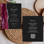 Budget Burgundy Silver Agate Dark QR Code Wedding<br><div class="desc">The left-hand edge of this elegant modern wedding invitation features a burgundy watercolor agate border trimmed with silver faux glitter. The customisable text combines silver grey handwriting, copperplate and italic fonts on an off-black background. Add additional details on the back, along with a QR code to help your guests visit...</div>