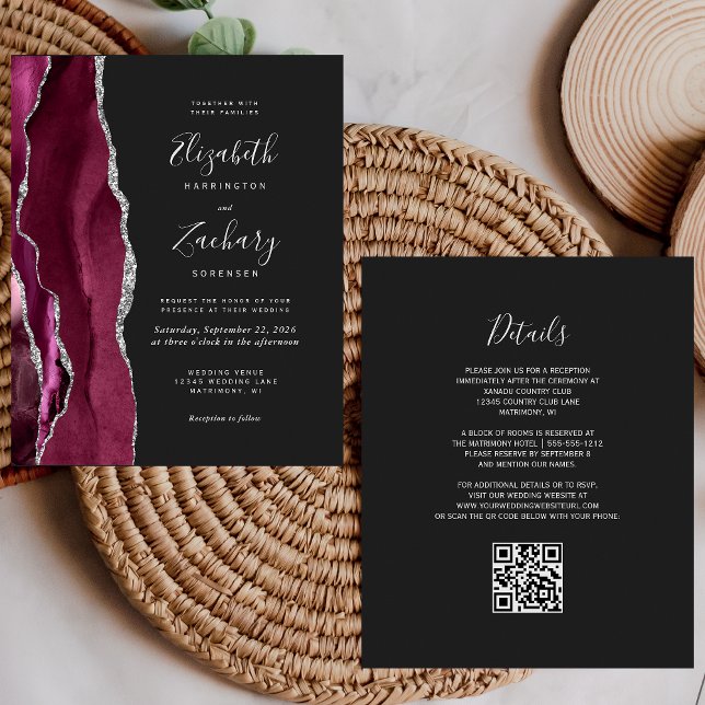 Budget Burgundy Silver Agate Dark QR Code Wedding (Creator Uploaded)