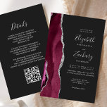 Budget Burgundy Silver Agate Dark QR Code Wedding<br><div class="desc">The left-hand edge of this elegant modern wedding invitation features a burgundy watercolor agate border trimmed with silver faux glitter. The customisable text combines silver grey handwriting, copperplate and italic fonts on an off-black background. Add additional details on the back, along with a QR code to help your guests visit...</div>