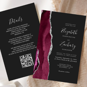 Budget Burgundy Silver Agate Dark QR Code Wedding