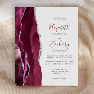 Budget Burgundy Silver Agate Grey Wedding Invite