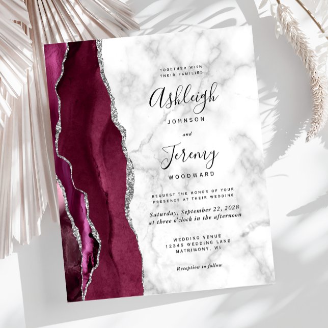 Budget Burgundy Silver Agate Marble Wedding Invite (Creator Uploaded)