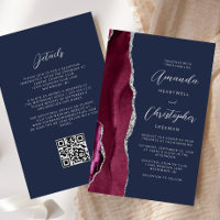 Budget Burgundy Silver Agate Navy QR Code Wedding
