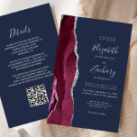 Budget Burgundy Silver Agate Navy QR Code Wedding<br><div class="desc">The left-hand edge of this elegant modern wedding invitation features a burgundy watercolor agate border trimmed with silver faux glitter. The customisable text combines silver grey handwriting, copperplate and italic fonts on a navy blue background. Add additional details on the back, along with a QR code to help your guests...</div>