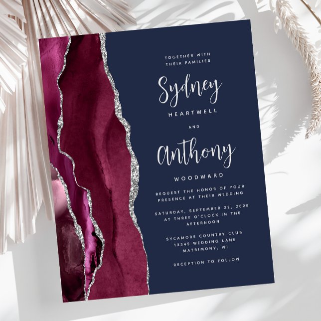 Budget Burgundy Silver Agate Navy Script Wedding (Creator Uploaded)