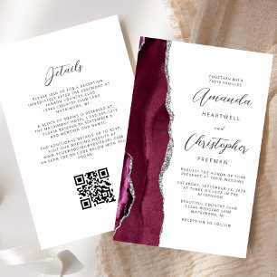 Budget Burgundy Silver Agate QR Code Wedding