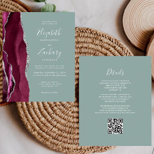 Budget Burgundy Silver Agate Sage QR Code Wedding