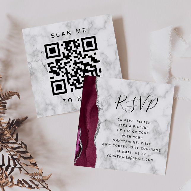 Budget Burgundy Silver Agate Wedding QR Code RSVP Enclosure Card (Creator Uploaded)