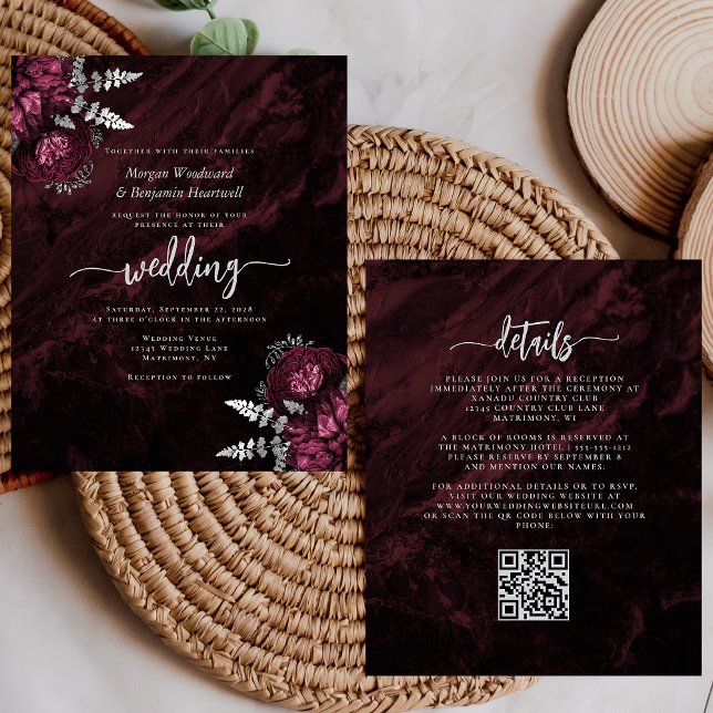 Budget Burgundy Silver Floral QR Code Wedding (Creator Uploaded)