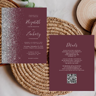 Budget Burgundy Silver Glitter QR Code Wedding