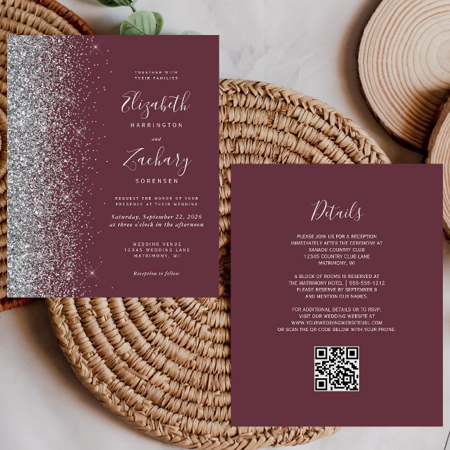 Budget Burgundy Silver Glitter QR Code Wedding (Creator Uploaded)
