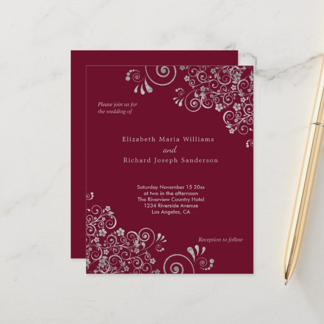 Budget Burgundy Silver Swirls Wedding Invitation (Front/Back In Situ)
