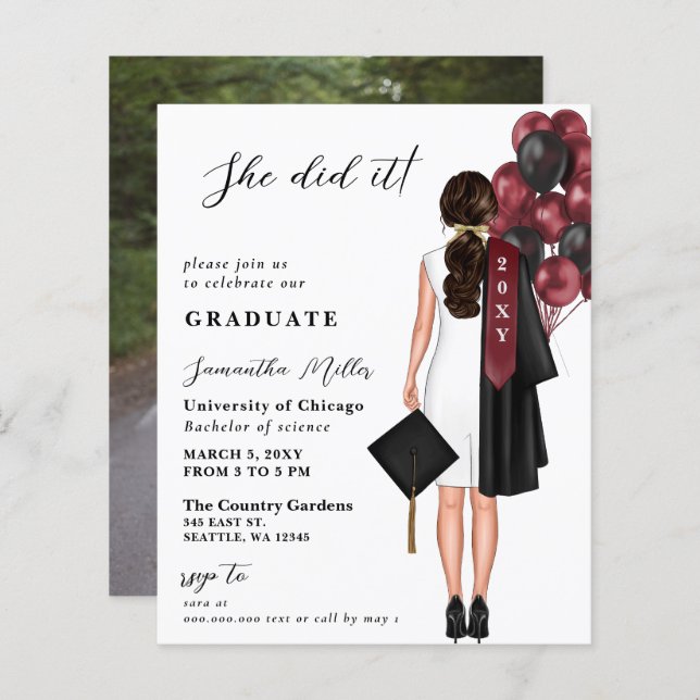 Budget Burgundy Simple Photo She Did It Graduation (Front/Back)