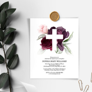 Budget Burgundy & White Cross Baptism Invitation