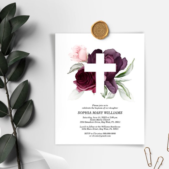 Budget Burgundy & White Cross Baptism Invitation (Creator Uploaded)