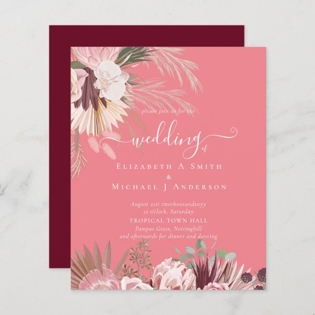 BUDGET Burgundy Wine Pampas Grass Tropical Wedding (Front/Back)