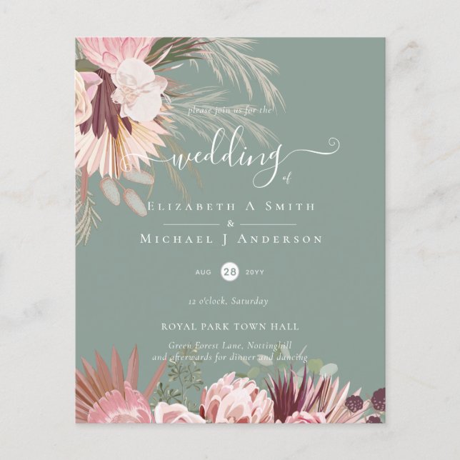 BUDGET Burgundy Wine Pampas Grass Tropical Wedding Flyer (Front)
