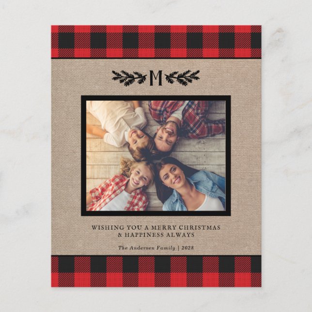 Budget Burlap Buffalo Plaid Monogram Photo Holiday Flyer (Front)